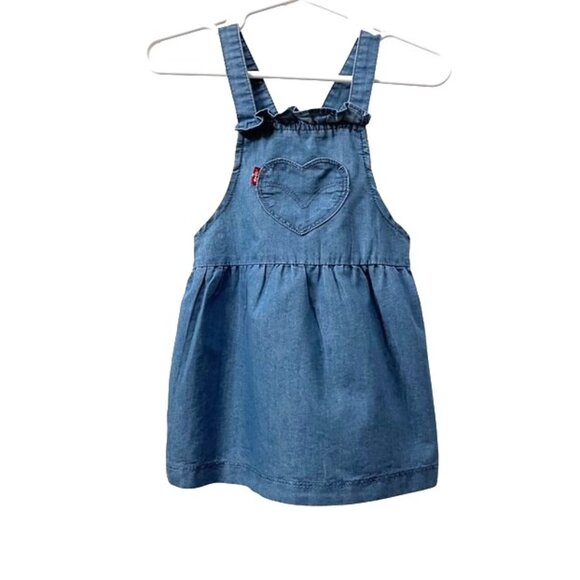 Levi's Baby Girl Toddler Blue Chambray Pinafore Jumper Dress Heart 18 Months - Picture 1 of 11